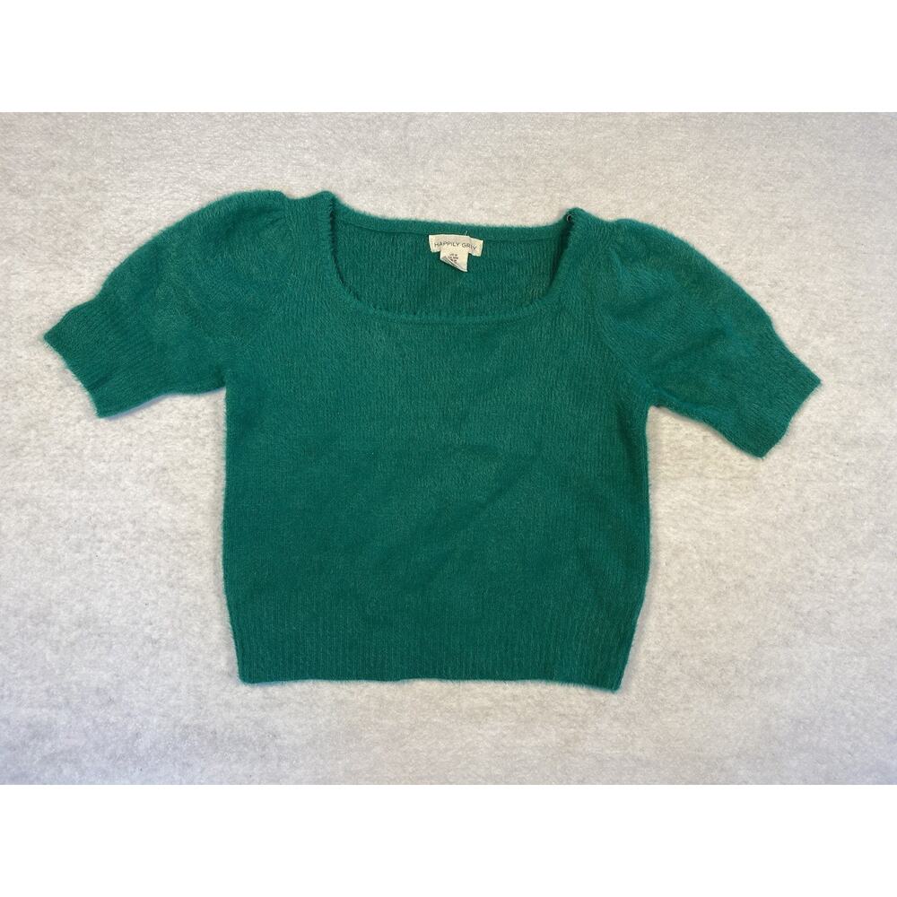 Fuzzy Green Happily Grey Short Sleeve Sweater Size M